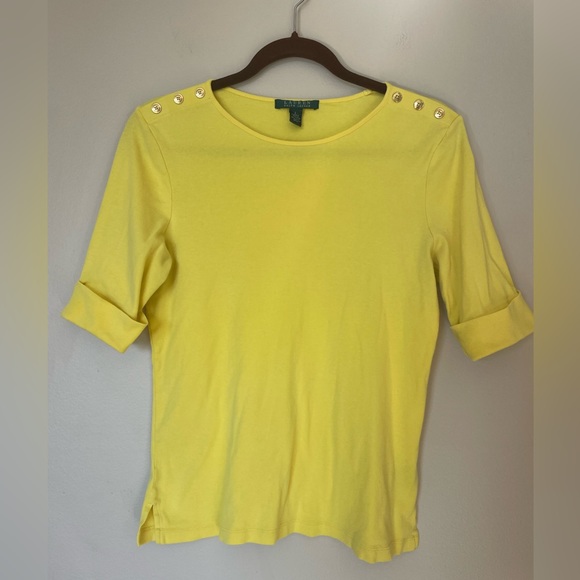 Lauren Ralph Lauren Bright yellow top with gold button detail Size Large - Picture 6 of 12